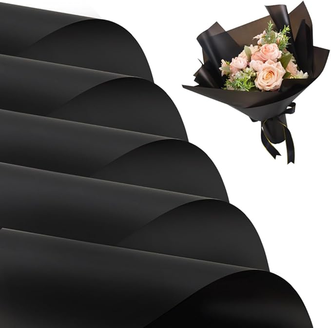 BEISHIDA 40 PCS Black Floral Wrapping Paper-Matte Waterproof Flower Wrapping Paper Bouquet for Florist Supplies, DIY Crafts, Gift Packaging, Wedding, Birthday Gift