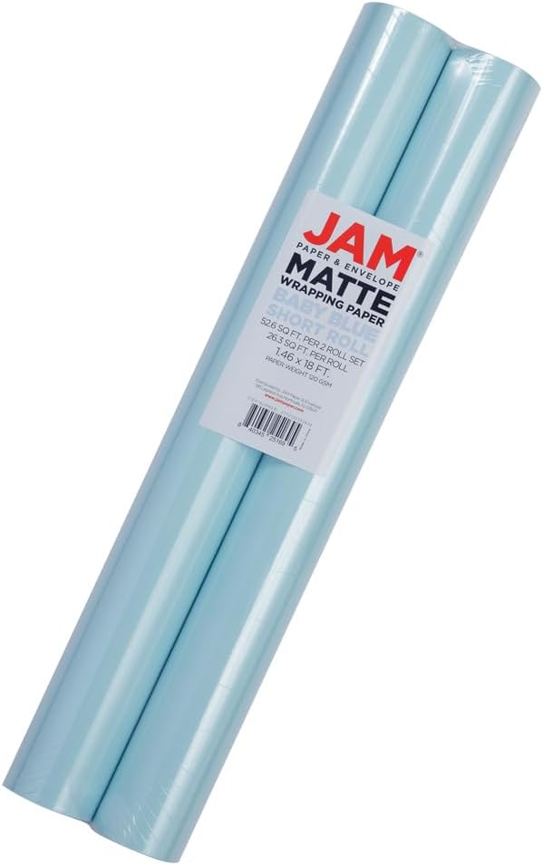 JAM Paper Gift Wrap - Matte Wrapping Paper - 52.6 Sq Ft Total (17 in x 18 Ft Each) - Matte Light Baby Blue - 2 Rolls/Pack