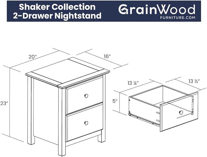 Grain Wood Furniture Shaker 2-Drawer Bedside Nightstand, Solid Wood with Cherry Finish