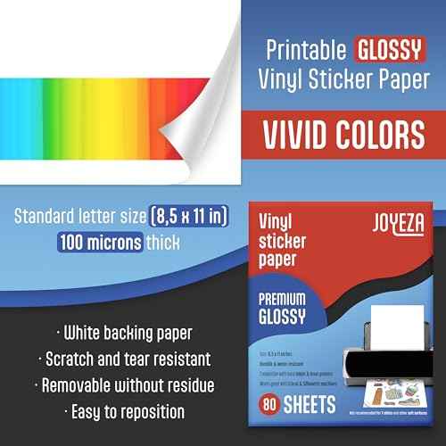 JOYEZA Premium Printable Vinyl Sticker Paper for Inkjet Printer - 80 Sheets Glossy White Waterproof, Dries Quickly Vivid Colors, Holds Ink well - Inkjet & Laser Printer