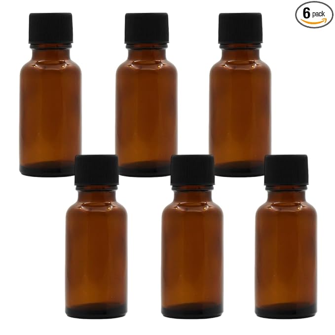 6Pcs Amber Glass Essential Oil Bottles with Orifice Reducer and Black Cap Empty Cosmetic Perfume Aromatherapy Storage Container Vial Pots Portable Refillable size 20ml/0.67oz
