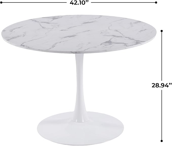 KEIKI 42.1" Round Dining Table, Mid Century Modern Bistro Table with Thickened MDF Tabletop & Metal Pedestal, for 4-6 People, Small Places, Cafe, Kitchen, Living Room, Faux Marble White