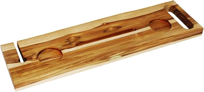 EcoDecors Eleganto 30" Live Edge Solid Teak Bath Caddy Tray with Handle, Book & Tablet Holder, Wine Glass Holders, Luxury Bathtub Tray