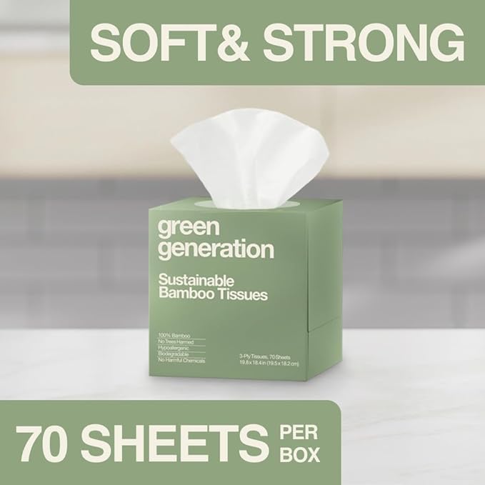 Green Generation Bamboo Facial Tissues Cube Boxes - 3-Ply, 70 Sheets/Box, 12 Multicolor Face Tissue Boxes, 840 Unscented Organic Soft Paper Facial Tissuefor Daily Use - Hypoallergenic,FSC Certified