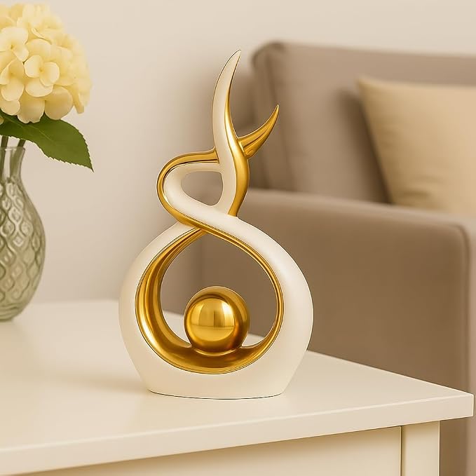 White & Gold Abstract Ceramic Ornament – Modern Decorative Sculpture for Living Room, Shelf & Coffee Table Décor – Minimalist Home Accent, Table Centerpiece Gift for Home Lovers