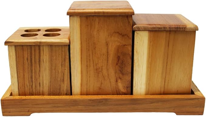 EcoDecors, Eleganto, 7 Piece, Teak Wood Bathroom Amenities Set, Teak Bath Amenity Set, Bathroom Accessory, in Natural Color