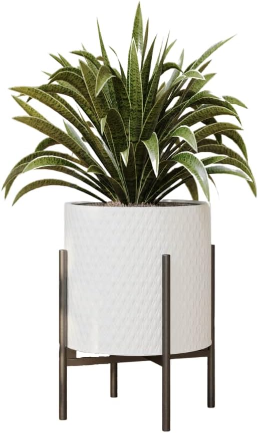EverNest Claire Mid-Century Modern White Planter and Stand, Indoor Plant Pot, SelectBase, Minimalist Aesthetic, Home Decor for Plants - (Black Base, Medium)