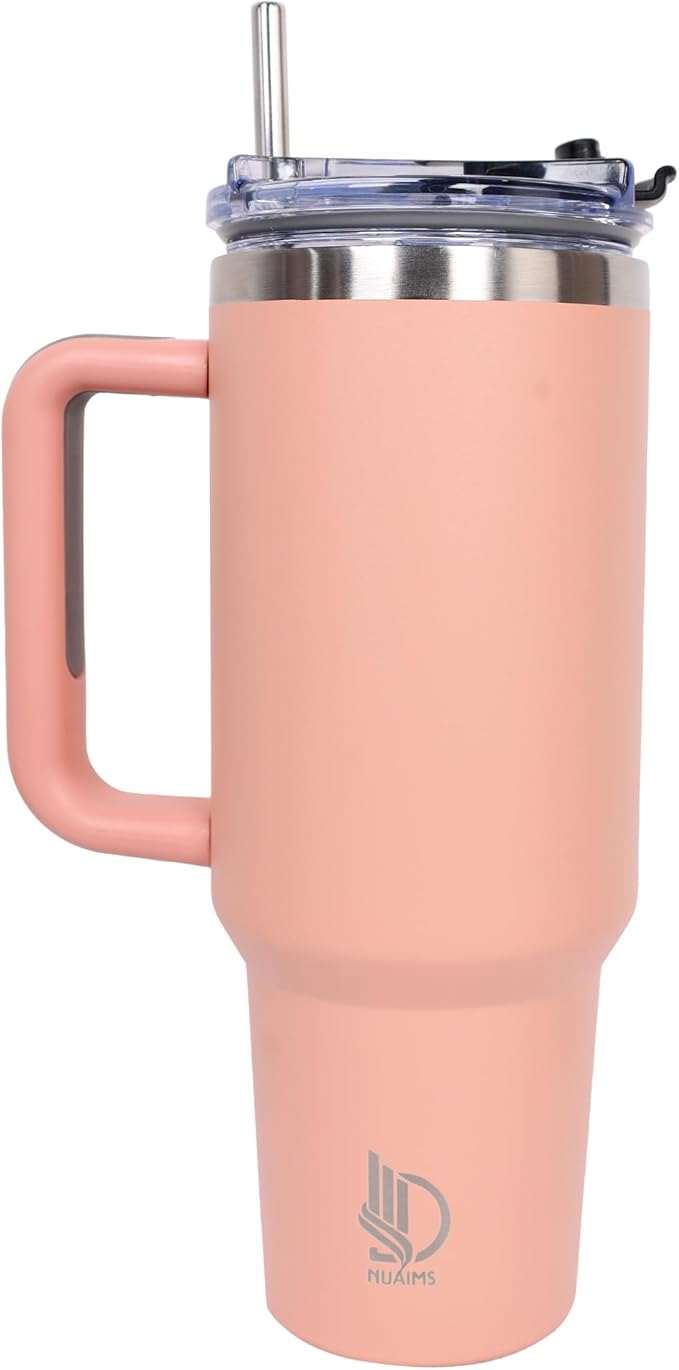 40oz Insulated Tumbler with Handle, Leakproof Straw Lid & Carry Handle - Double Wall Vacuum Insulation Keeps Ice 24 Hours, BPA Free Stainless Steel Water Bottle (Melon)