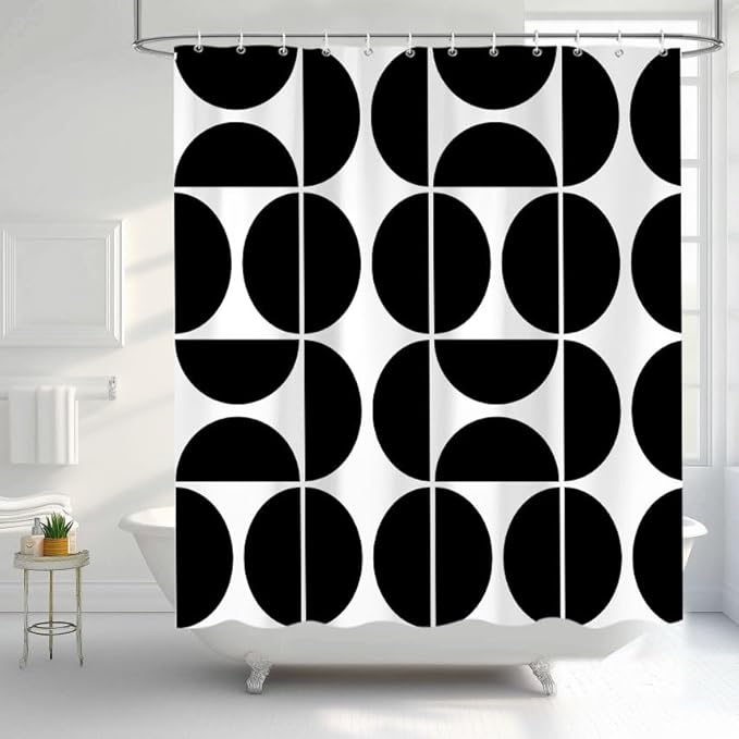 Black and White Mid Century Modern Shower Curtain, Boho Abstract Geometric Retro Art Bath Curtains For Bathroom, Colorful Unique Pattern Waterproof Polyester Fabric Bathroom Set 12 Hooks 72X78IN