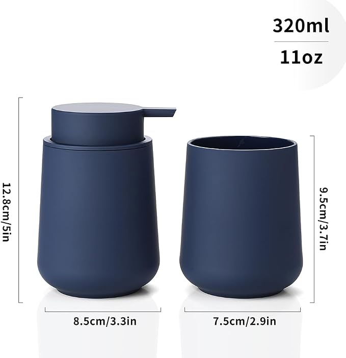 YAUKPH Matte Blue Bathroom Accessories 2 Piece Set Plastic Soap Dispenser and Toothbrush Holder for Modern Bathroom Decor