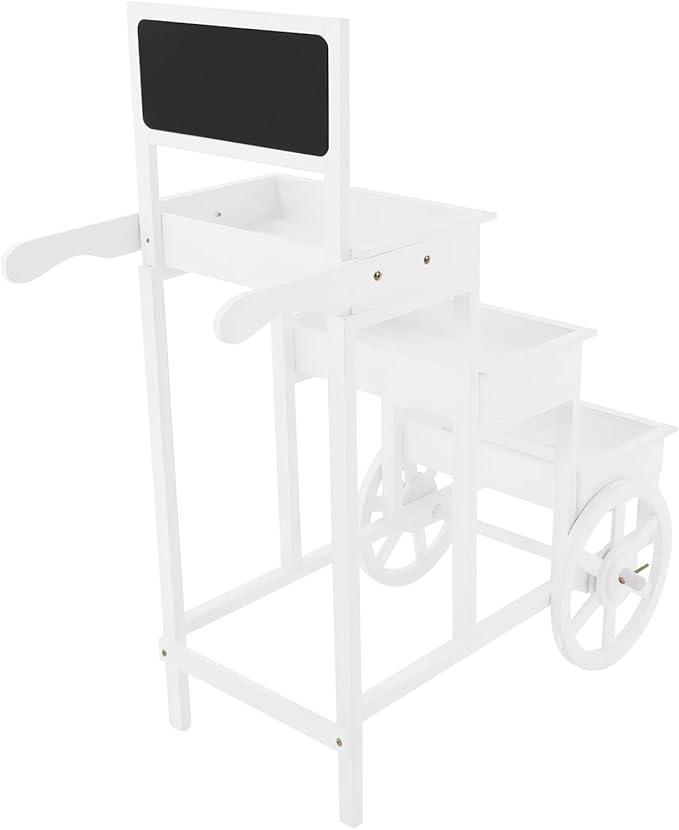 Flower Display Stand | 3-Tier Wood Flower Cart | Flower Cart Display Stand with Wheels | Ladder Shaped Plant stand | Market flower display Stand | Handle & Blackboard (White)