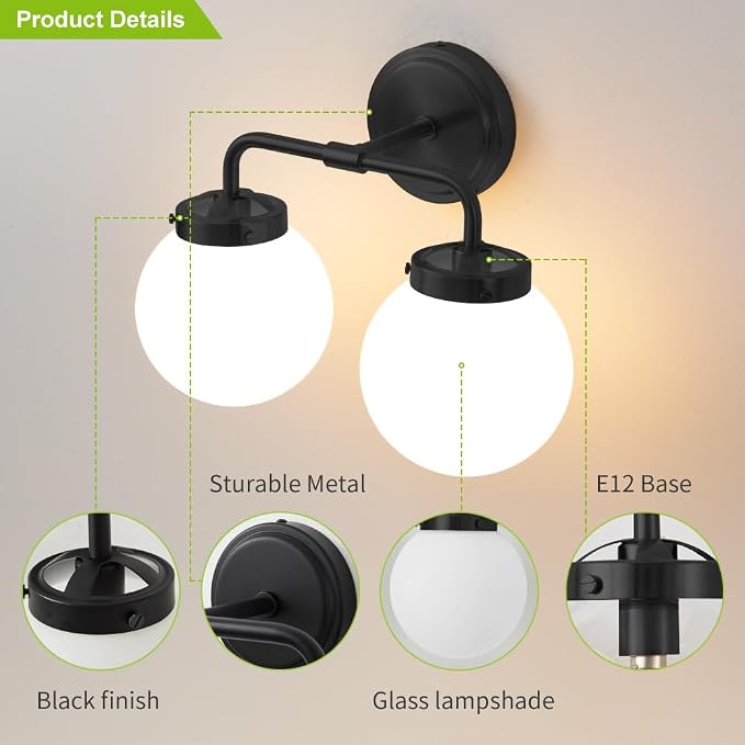 Black Bathroom Light Fixtures Over Mirror, Modern Vanity Lighting with Milk White Glass Globe Shades 2-Light Farmhouse Wall Sconce