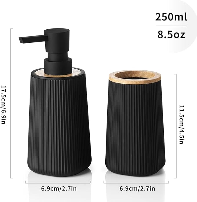 YAUKPH Bathroom Accessories Set 2 Piece Soap Dispenser and Toothbrush Holder for Bathroom Countertop Striped Black and Bamboo