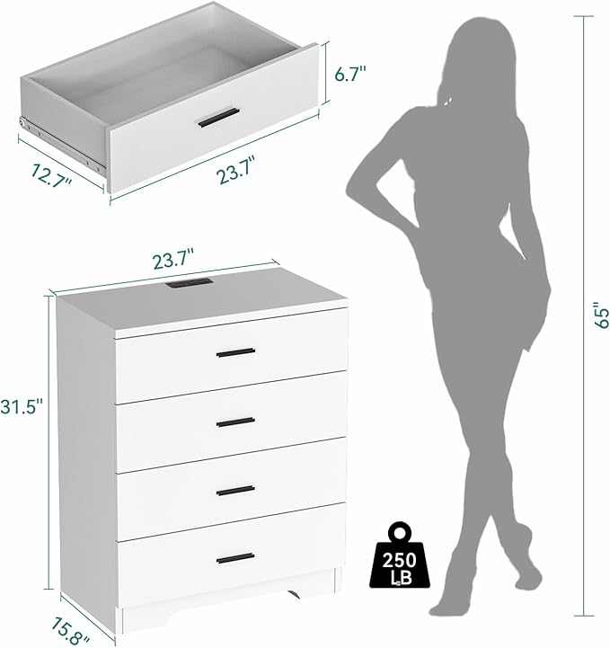 Dresser for Bedroom with Power Outlets Wood 4 Drawer Dresser with Large Organizer Tall Chest of Drawers Closet for Bedroom Living Room Kids Room Hallway