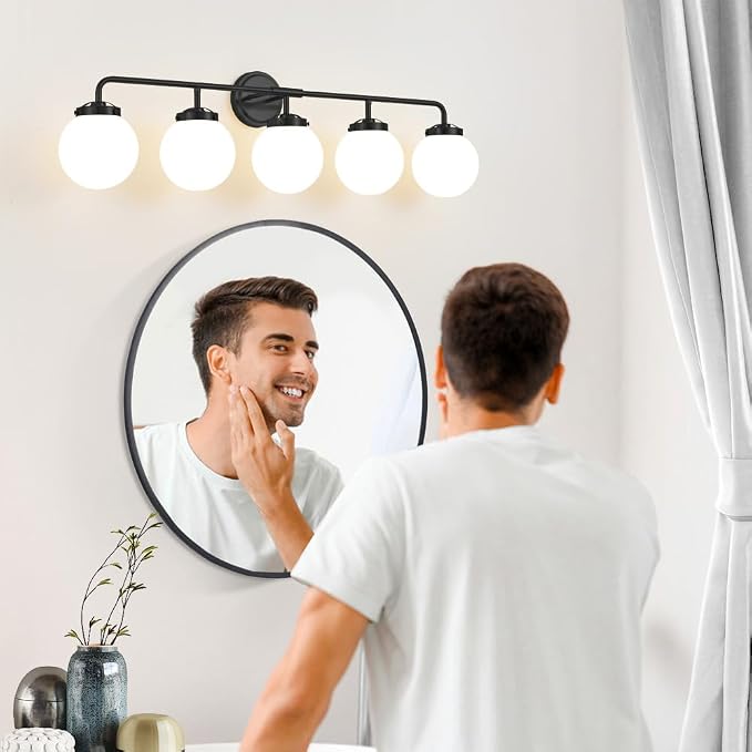 Bathroom Light Fixtures Over Mirror, 5-Light Matte Black Vanity Lighting with Milk White Glass Globe Shades Modern Wall Sconce