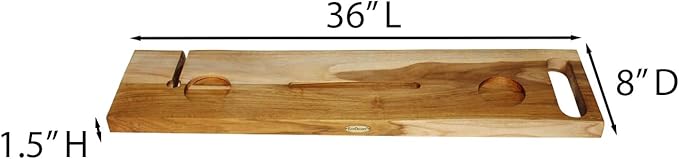 EcoDecors Eleganto 36" Live Edge Solid Teak Bath Caddy Tray with Handle, Book & Tablet Holder, Wine Glass Holders, Luxury Bathtub Tray
