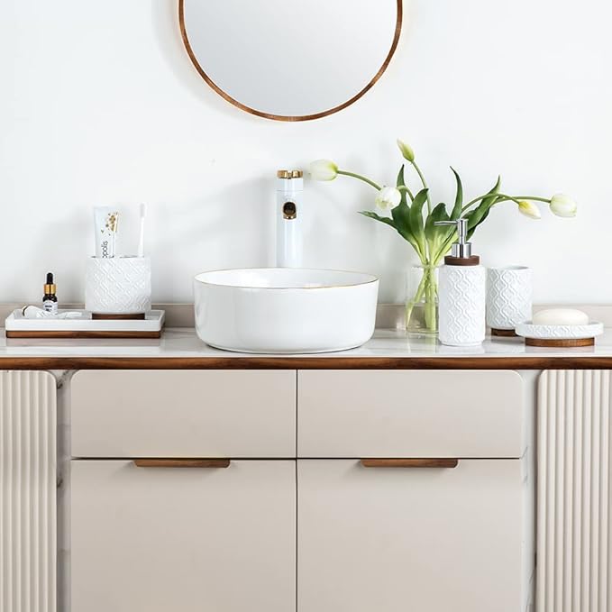 RQYIXI Elegant 6 PCS Ceramic&Wood Bathroom Accessories Set:Soap Dispenser,Toothbrush Holder,Tumbler,Soap Dish,Tray,Trash Can,Easy to Clean,Quatrefoil Pattern,White-Affordable Home Luxury