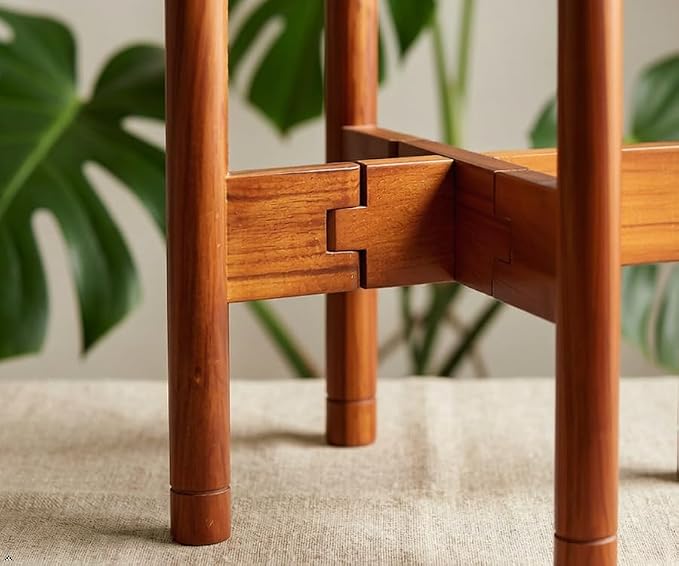 Adjustable Plant Stand for 8–12 Inch Pots, Solid Acacia Wood, Mid-Century Modern Indoor Outdoor Planter Holder with Stainless Steel Screws, Natural Brown (Pot & Plant Not Included)