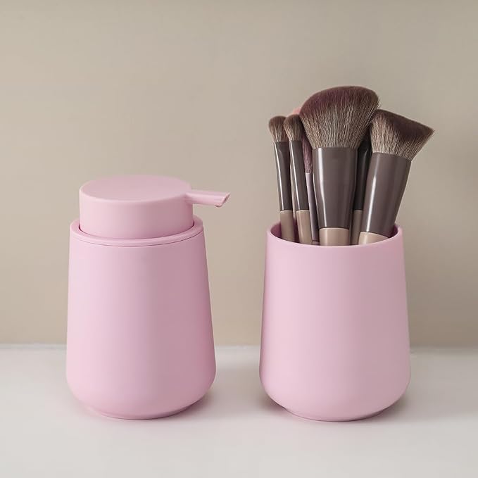 YAUKPH Matte Pink Bathroom Accessories 2 Piece Set Plastic Soap Dispenser and Toothbrush Holder for Modern Bathroom Decor