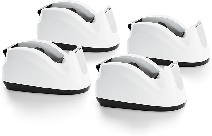 BeeChamp Heavy Base Nonskid Desk Tape Dispenser One-Hand Dispensing, White, 4 Pack