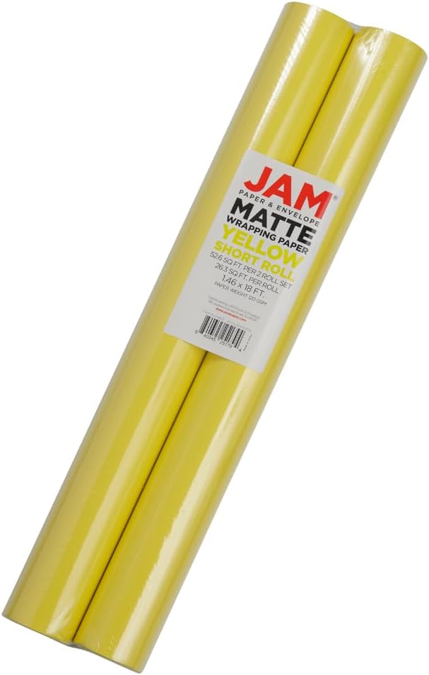 JAM Paper Gift Wrap - Matte Wrapping Paper - 52.6 Sq Ft Total (17 in x 18 Ft Each) - Matte Yellow - 2 Rolls/Pack