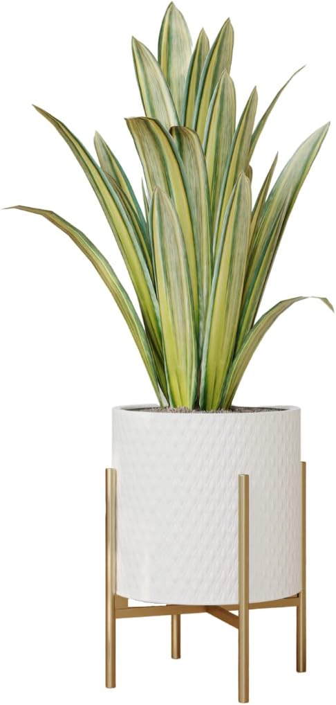 EverNest Claire Mid-Century Modern White Planter and Stand, Indoor Plant Pot, SelectBase, Minimalist Aesthetic, Home Decor for Plants - (Gold Base, Medium)