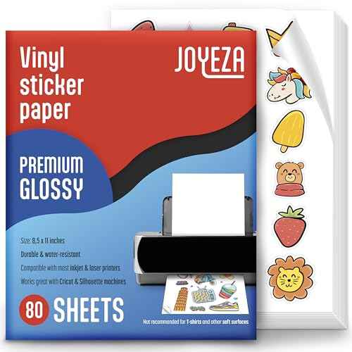JOYEZA Premium Printable Vinyl Sticker Paper for Inkjet Printer - 80 Sheets Glossy White Waterproof, Dries Quickly Vivid Colors, Holds Ink well - Inkjet & Laser Printer