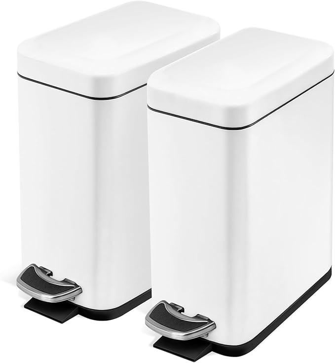 Home Zone Living 2-Pack 1.3 Gallon Small White Bathroom Trash Can with Lid and Step Pedal, Stainless Steel Wastebasket with Slim Design for Home and Office, 5 Liters