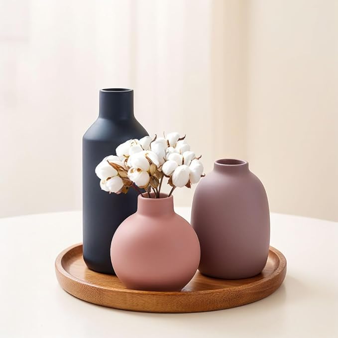 Ceramic Vase Set of 3, Modern Neutral Vases for Home Decor, Purple Gray Blue Pottery Vases for Pampas Grass, Dried or Fresh Flowers, Decorative Vase for Table, Shelf, Kitchen, Living Room, Bedroom
