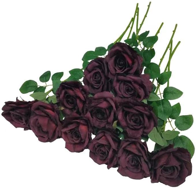 ATFL Burgundy Roses,12 Pcs Burgundy Artificial Flowers,Flower Diameter 4'',Autumn Silk Floral Fake Roses with Stems for Wedding Arrangement Centerpieces Party Home Table Decorations