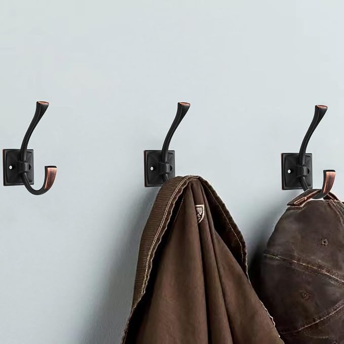 3 Pack Decorative Heavy Duty Towel Hooks for Hanging Robe Double Oil Rubbed Bronze Coat Hooks Wall Mounted with Screws for Key, Towel, Bags, Cup, Hat