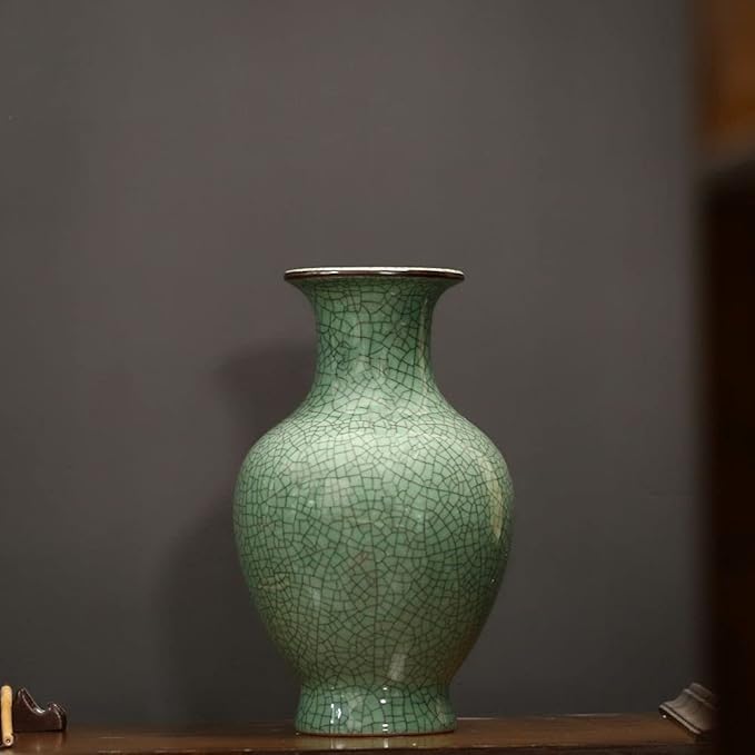 Chinese Ceramic Art Handmade Antique ice Crack Glaze vases Big China Porcelain Flower Bottle Vase for Home Decoration(Green)
