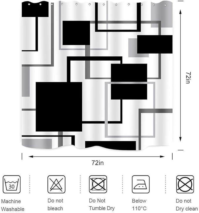 Geometric Shower Curtain Abstract Black White Grey Lines Square Simple Aesthetics Art Modern Home Bathroom Decor Waterproof Fabric 72Lx72W Inch with Plastic 12PCS Hooks