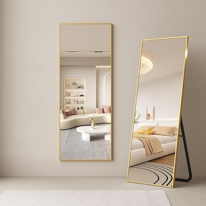 Dewfig Full Length Mirror with Stand, 64" x 21" Free Standing Floor Mirror, Full Body Mirrors, Hanging or Wall Mounted Mirrors for Bedroom, Rectangle Shape, Metal Frame,Gold