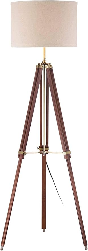 Surveyor Modern Tripod Floor Lamp Cherry Wood Beige Linen Drum Shade For Living Room Reading Bedroom Office Brown