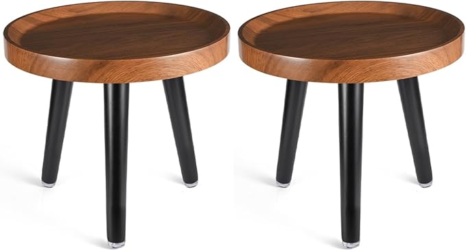 KGPLOME Indoor Plant Stand,Wood Mid Century Plant Table in Walnut Finish,Tall Plant Stand for Flower Pot,Modern Round Small Side End Table with Raised Design (Walnut, 12"x10.8" 2 Pack)