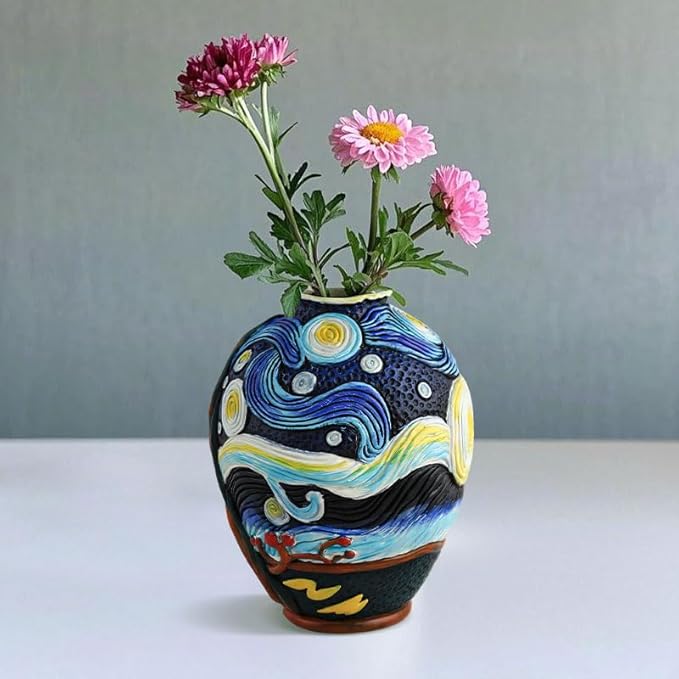 Starry Night Vase Plant Pot,Van Gogh Inspired Resin Flower Pot - Abstract Rainbow Planter with Artistic Brushstroke Design Stylish Art Flower Pot Unique Home Decor for Plants (2pcs)