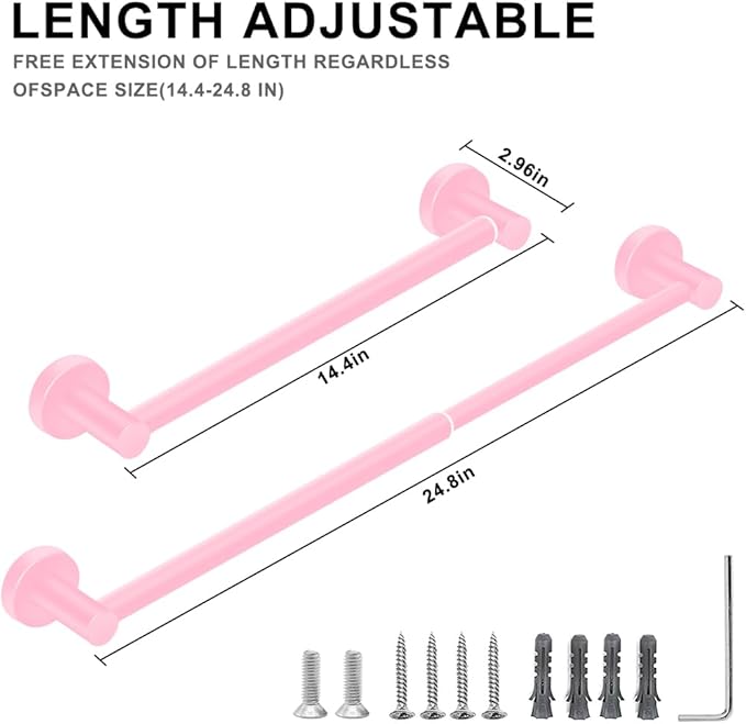 MGahyi Towel Racks for Bathroom-Adjustable Towel Holder(13.18inch-24inch) Sturdy and Rustproof Towel Bar Wall Mounted, Single Towel Bar Rod for Bathroom Accessories (Pink, 1Pack)