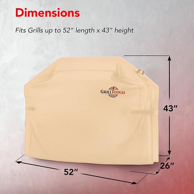 GrillTough Heavy Duty BBQ Grill Cover for Outdoor Grill, 52 Inch – Waterproof, Weather Resistant, UV & Fade Resistant with Adjustable Straps – Gas Grill Cover for Weber, Genesis, Charbroil, etc. Tan