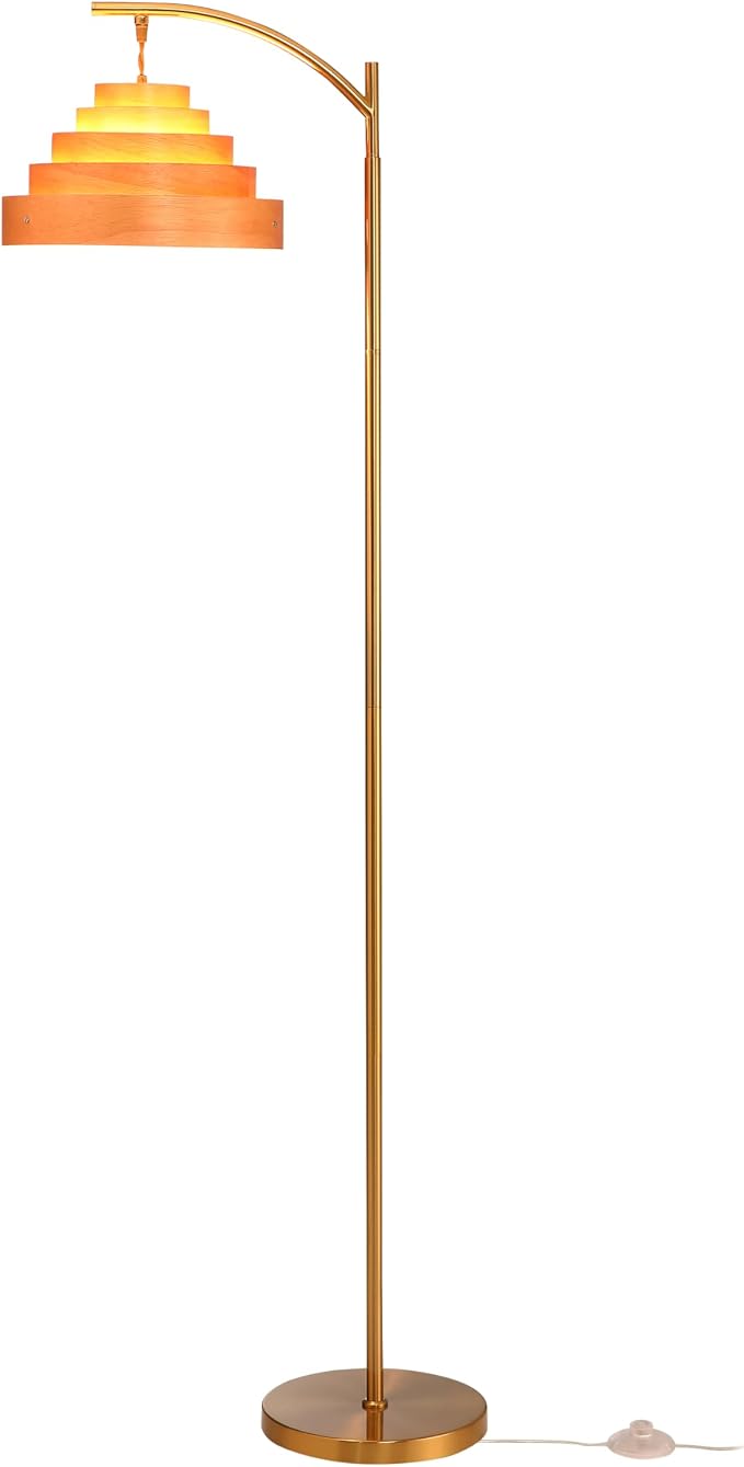O’Bright Strata Wooden Floor Lamp - Mid Century Modern Standing Lamp with Layered Wood Shade, Tall Reading Lamp for Living Room, Bedroom, Office, Antique Brass, Light Oak, Cascade Shade