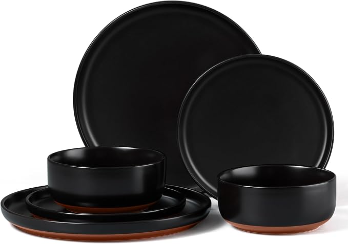 E-far 6-Piece Stoneware Plates and Bowls Sets, Dinnerware Sets for 2, Ceramic Dishware Dishes Set with Terracotta Base, Chip & Scratch Resistant, Microwave & Dishwasher Safe, Matte Black