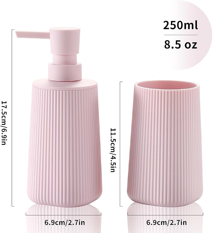 YAUKPH Bathroom Accessories Set 2 Piece Soap Dispenser and Toothbrush Holder for Bathroom Countertop Striped Pink