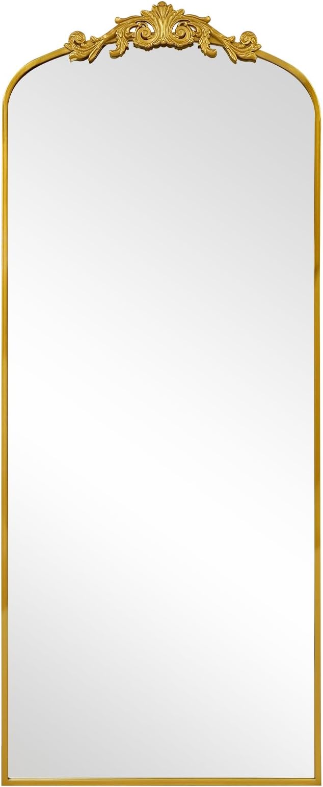 71" x 30" Gold Arch Full Length Mirror, Vintage Ornate Baroque Floor Mirror with Decorative Crown, Large Arched Wall Mounted Dressing Mirror for Bedroom, Living Room, Entryway