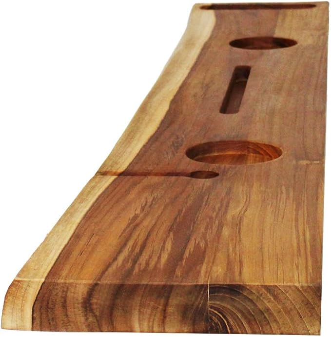 EcoDecors Eleganto 50" Live Edge Solid Teak Bath Caddy Tray with Handle, Book & Tablet Holder, Wine Glass Holders, Luxury Bathtub Tray