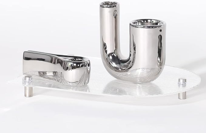 Silver Candlestick Holders, Decorative Taper Candle Holder Set Decor for Table Centerpiece Fireplace, Modern Silver Candle Holders Set, Aesthetic Ceramic Candle Stick Holder