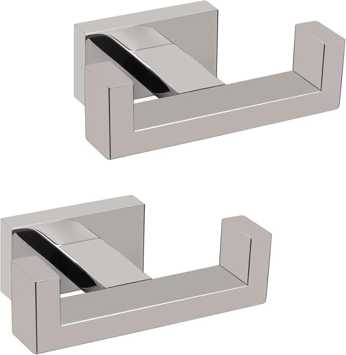 NearMoon Bath Double Towel Hook- SUS304 Stainless Steel Square Robe Towel Holder, Heavy Duty Rustproof Double Coat Hook for Bathroom Livingroom Kitchen Wall Mounted, 2 Pack (Chrome Finish)