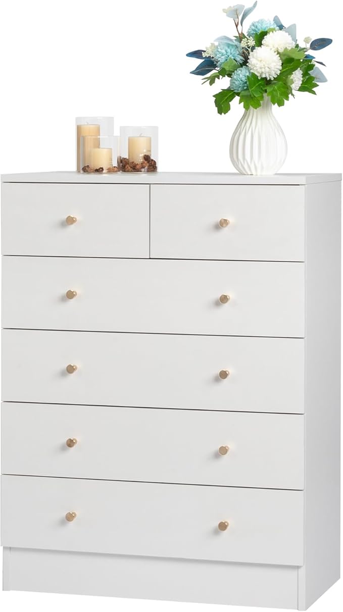 Karl home White 6 Drawer Dresser for Bedroom, Tall Dresser Chest of Drawers, Wood Bedroom Dressers Clothes Organizer, Anti-Tipping Device, Rose Gold Metal Handle, Living Room, Entryway, Office