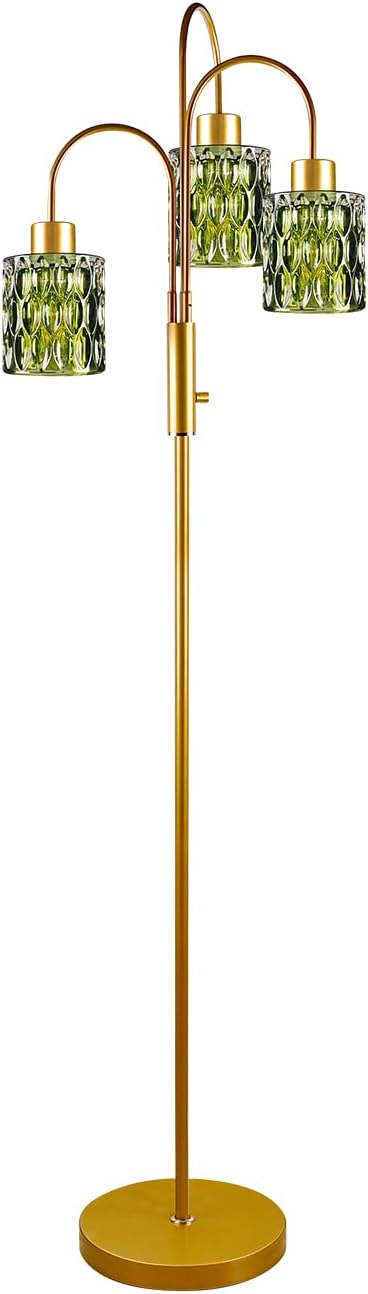 70" Glass Floor Lamp, 3-Light Gold Dimmable Standing Tall Lamp with Green Ribbed Glass Shades &3PCS 3000K Warm White Bulbs, Modern Tree Pole Lamp for Living Room Bedroom Home Decor