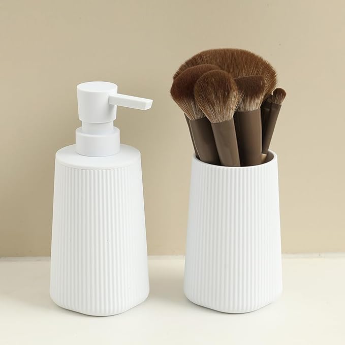 YAUKPH Bathroom Accessories Set 2 Piece Soap Dispenser and Toothbrush Holder for Bathroom Countertop Striped White
