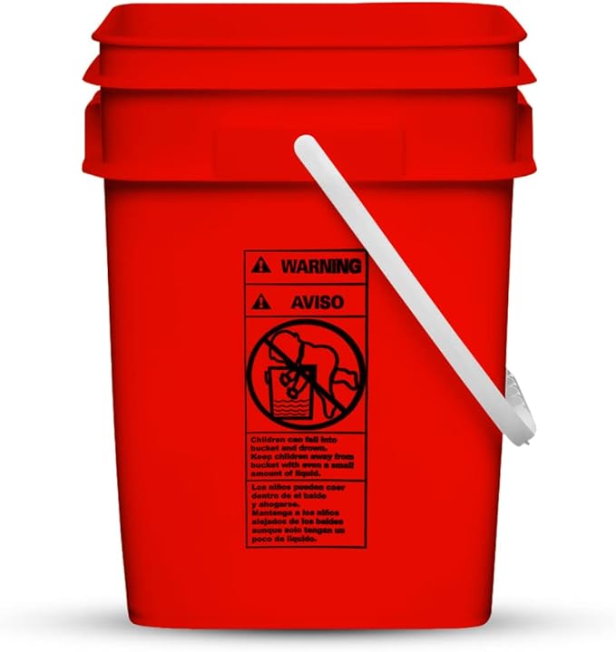 House Naturals 4 Gallon Square Food Grade Plastic Bucket with Lid, Made in USA (Pack of 2) BPA Free (Red)